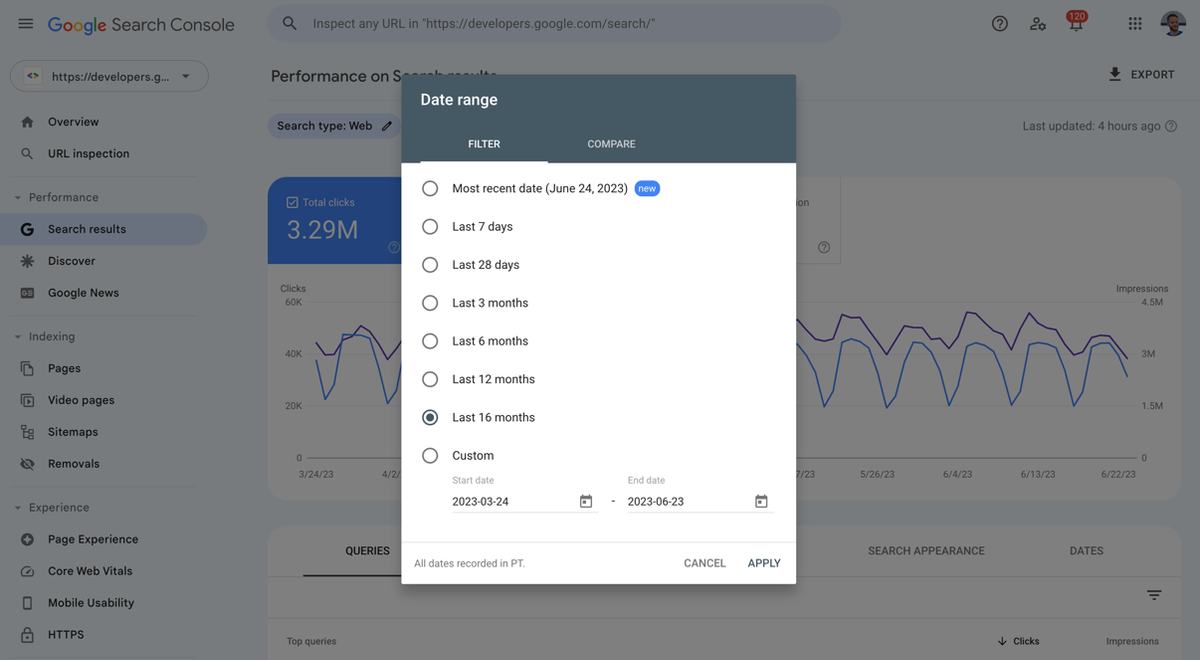 Отчет об эффективности в Search Console с использованием фильтра по диапазону дат «Последние 16 месяцев»