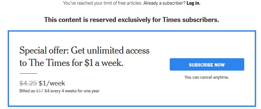 Пример soft/metered paywall New York Times: часть статьи открыта